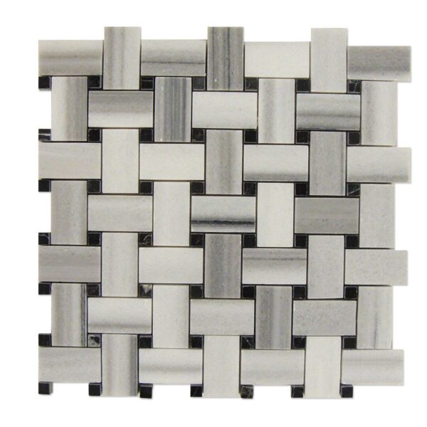 Basket weave mosaic moonglow with black dots tiles