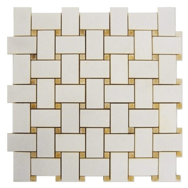 A Basket Weave Mosaic Thassos with Honey Onyx Dots tile.