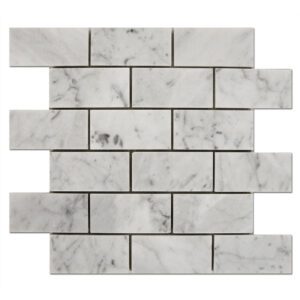 Close view of Bianco Carrara Mosaic tiles on display