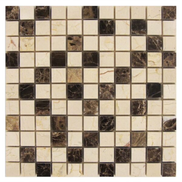 A Crema Marfil-Dark Emperador Mix Mosaic 1x1 with black and white squares.