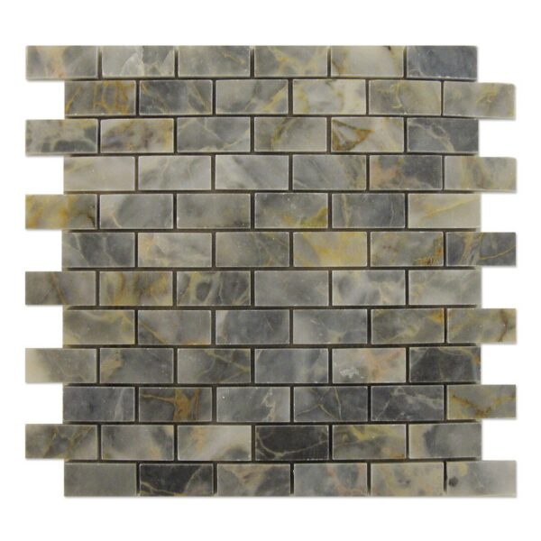 A Thunder Grey Mosaic 1x2 tile with gray and yellow colors.