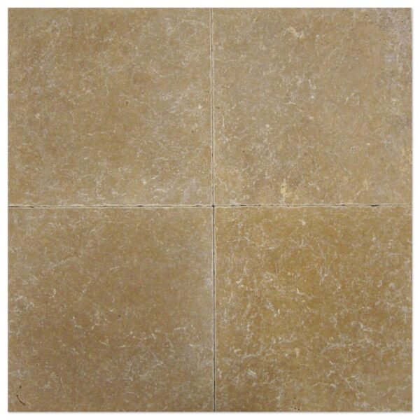 A set of four Noce Travertine Tumbled square tiles in a tan color.
