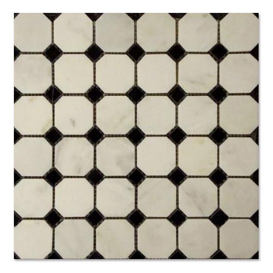 Octagon mosaic Calacatta White Black Dots Polished tile.