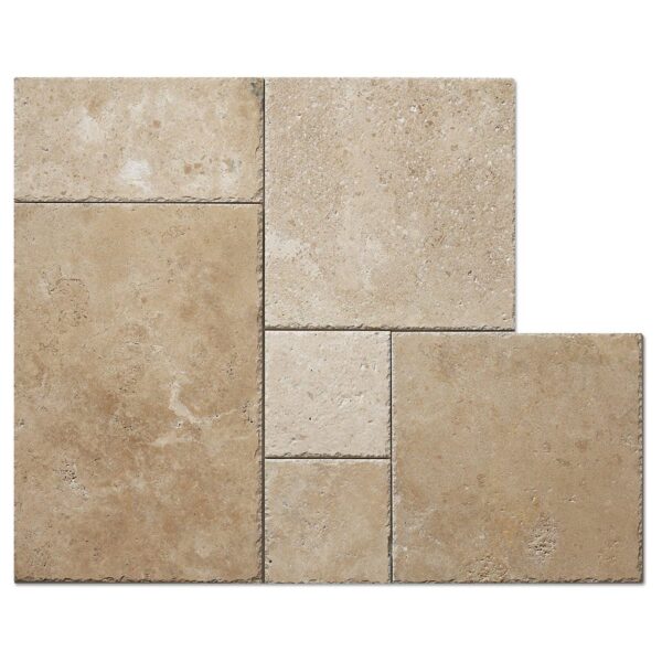 White travertine French pattern tile in a beige and tan color.