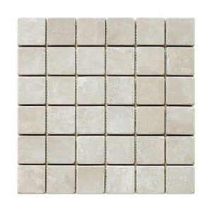 Botticcino mosaic tumbled tiles on display