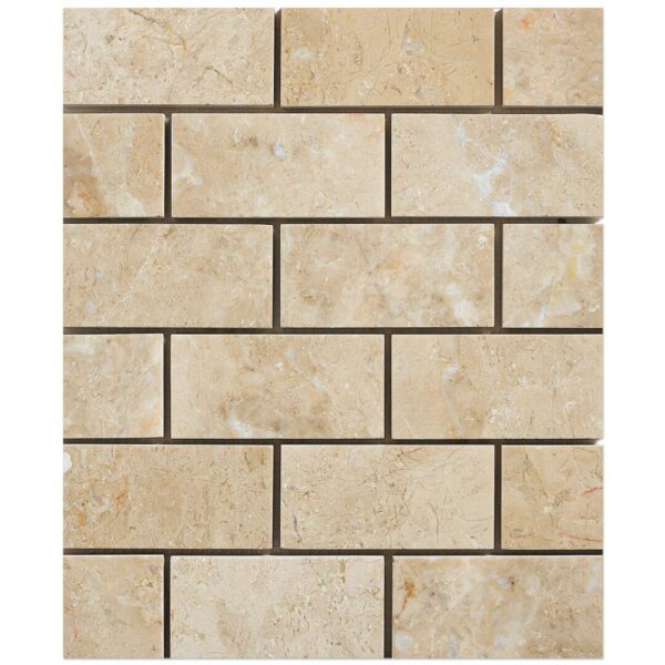 Perlato Crema Mosaic Polished 2×4 tile in a brick pattern.