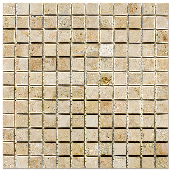 A cappuccino polished mosaic 1x1 with a beige color and white squares.