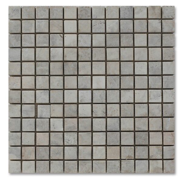 A cappuccino tumbled mosaic 1×1 tile with squares on a white background.