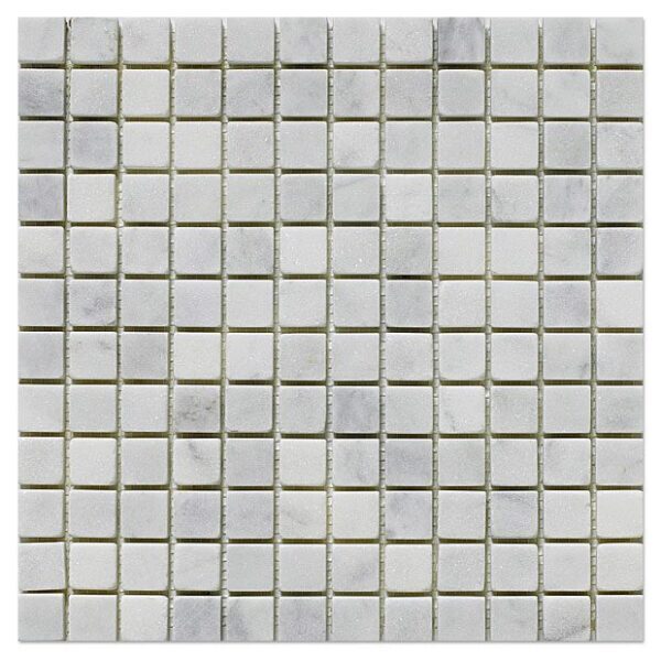 A Milano White tumbled mosaic 1x1 with white squares.