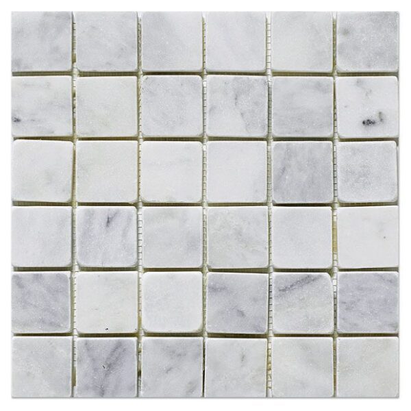 A Milano White tumbled mosaic 2x2 with white squares on a white background.