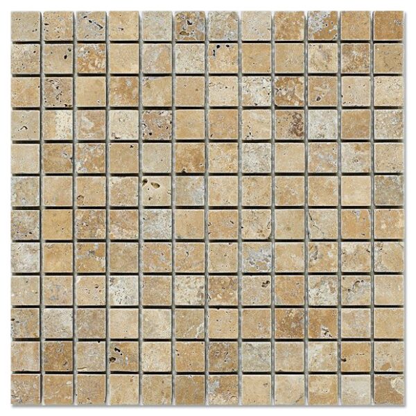 Noce travertine mosaic tumbled 1×1 tile in tan and brown.