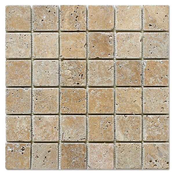 Noce travertine mosaic tumbled 2×2 in tan and brown.