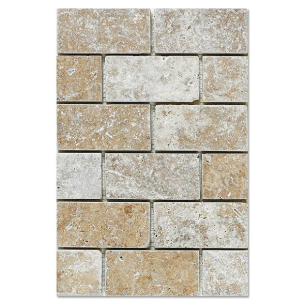Noce travertine mosaic tumbled 2×4 brick tile in beige and tan.