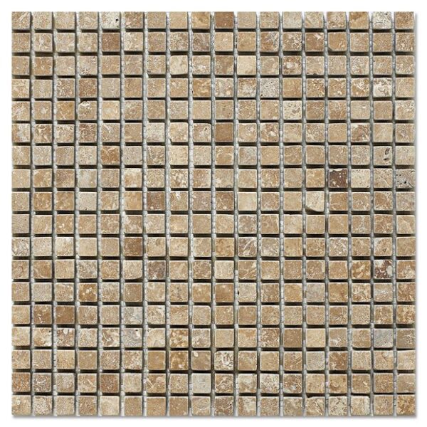 A noce travertine mosaic tumbled half by half with brown and beige tiles on a white background.