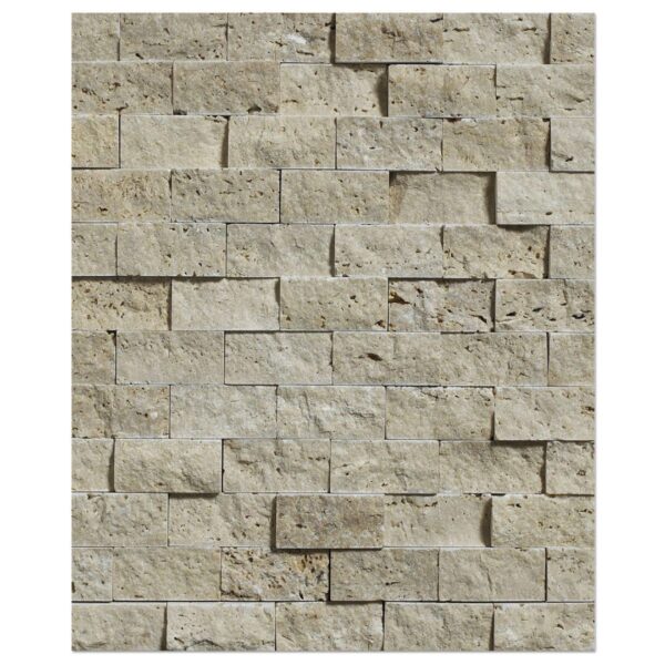 An image of a white travertine 1×2 split face mosaic wall with a beige color.