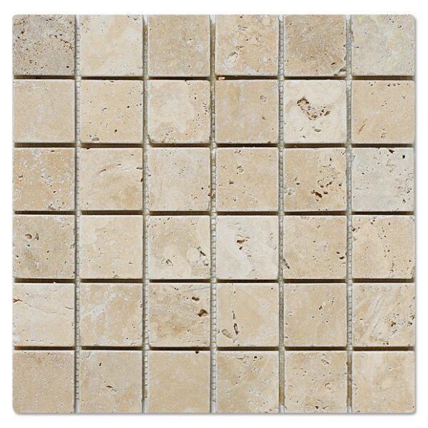 Beige travertine tile in squares on a white travertine 2×2 mosaic background.