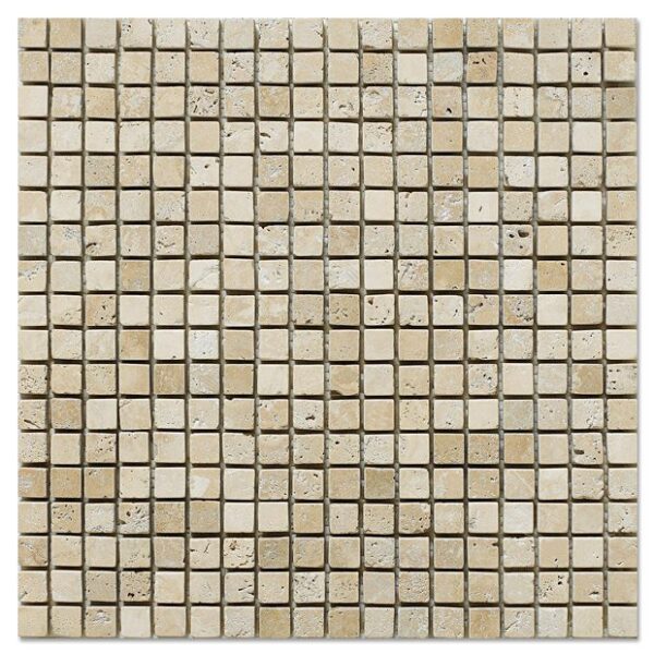 A beige tile with white travertine half by half mosaic and brown squares.
