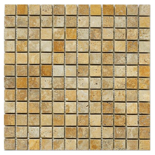Yellow (gold) travertine mosaic 1×1 tumbled tile in tan and brown.