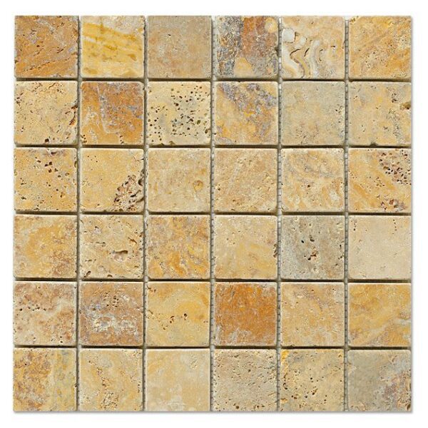 Yellow (gold) travertine mosaic 2x2 tumbled tile in yellow and brown colors.