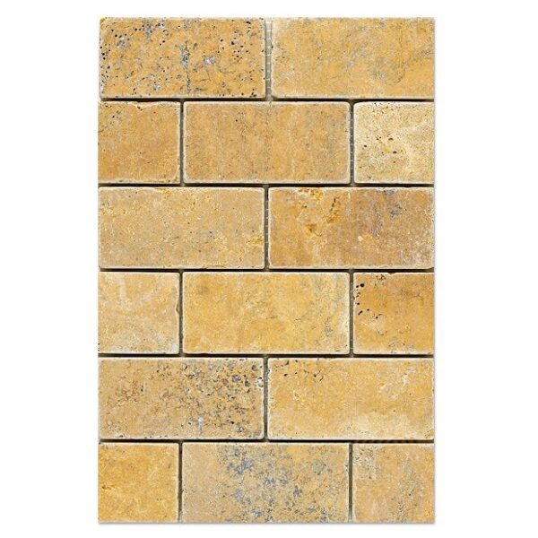 A yellow (gold) travertine mosaic 2×4 tumbled brick tile with blue and yellow colors.