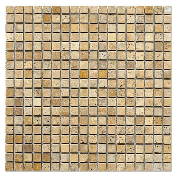 A yellow (gold) travertine mosaic half by half tumbled with tan and brown squares on a white background.