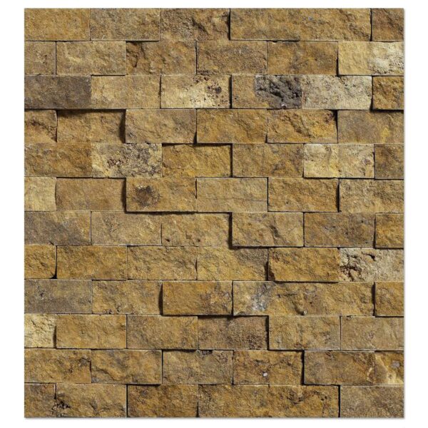 An image of a yellow (gold) travertine mosaic split face 1×2 wall with tan and brown colors.