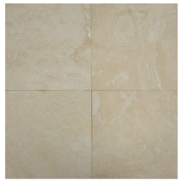 Four Alabastrino Travertine Filled, Honed tiles on a white background.