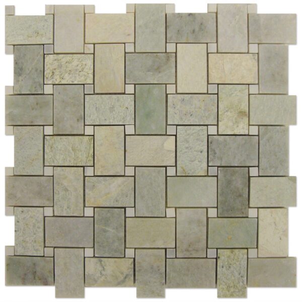 Basket weave mosaic ming green with white dots tiles