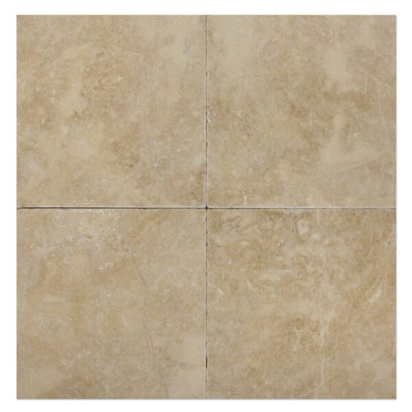 Cappuccino Tumbled travertine tile with four squares on a white background.