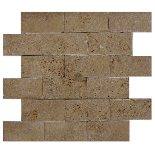 A Noce Travertine Mosaic Split Face 2x4 tile in a brick pattern.
