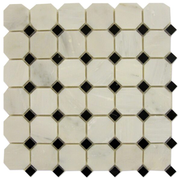 An Octagon Mosaic Calacatta White with Black dots marble mosaic tile with black dots.