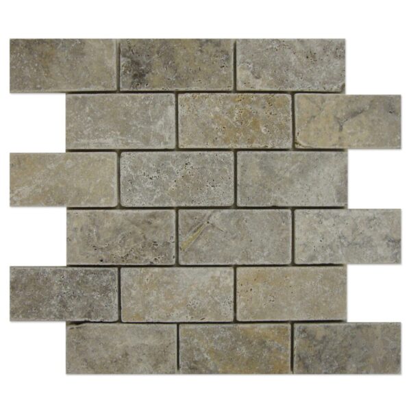 A Silver Trvaertine 2x4 Mosaic with a white background