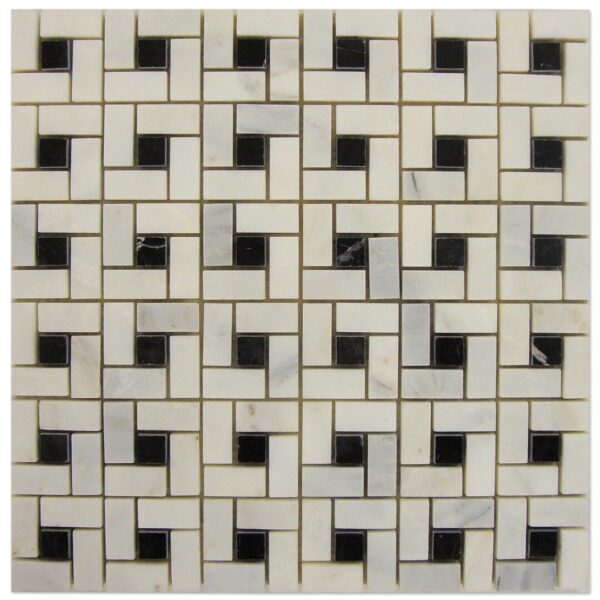 A Target Mosaic Calacatta White with Black dots tile with black squares.