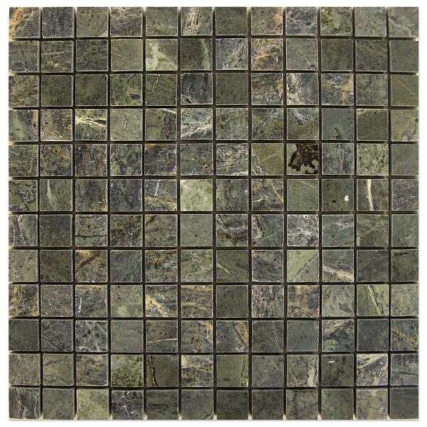 A Teos Green 1x1 mosaic tile with black and brown squares.