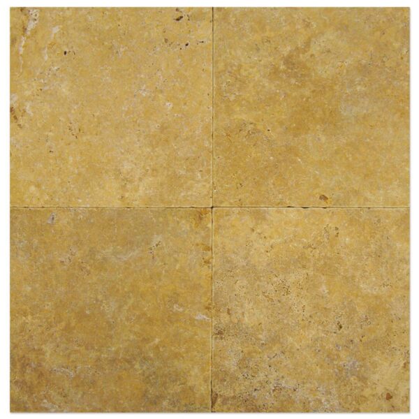 Yellow Travertine Tumbled tile with four squares on a white background.