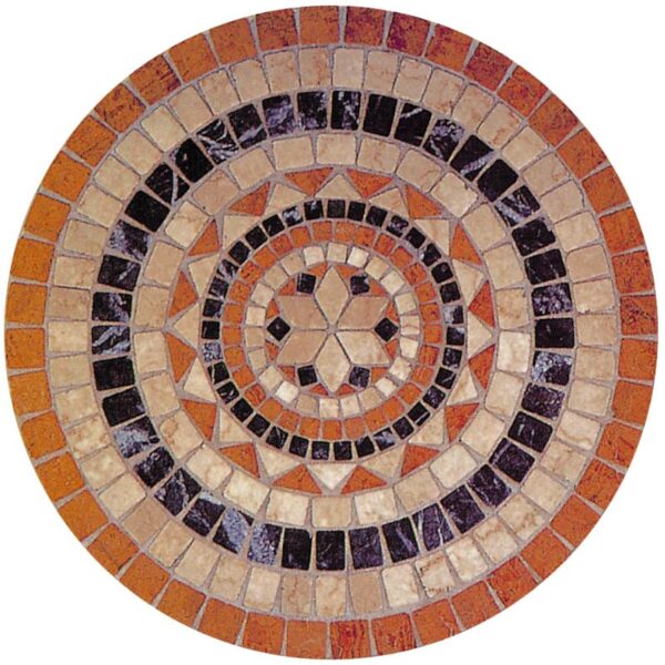 A circular mosaic tile with brown and black designs.