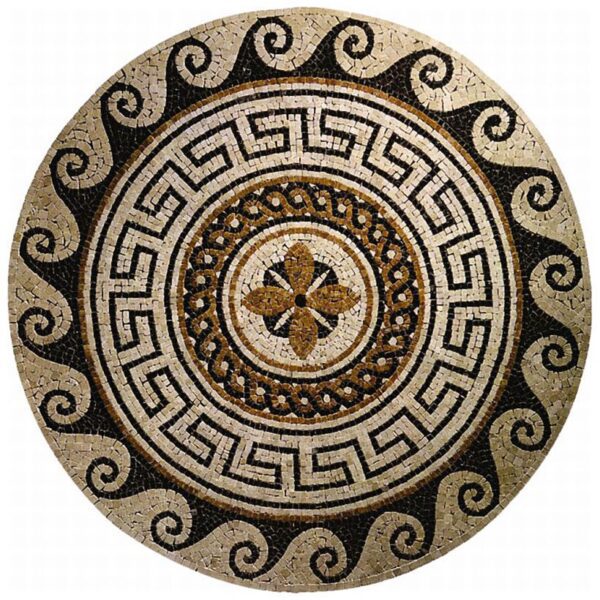 A circular mosaic with an ornate design.