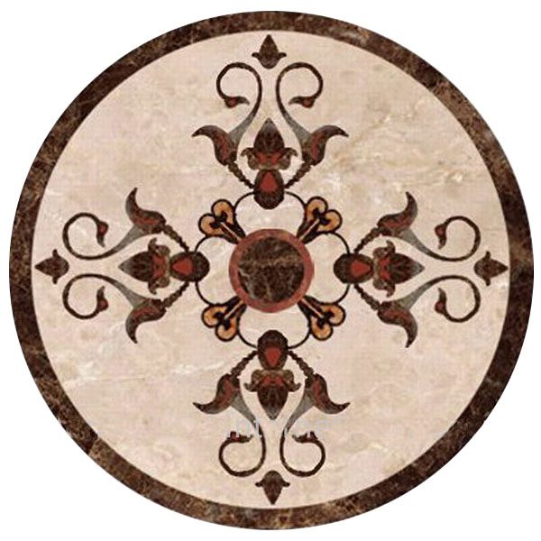 A round marble tile with an ornate design.