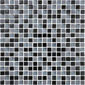 A black and white tile pattern with blue glass.