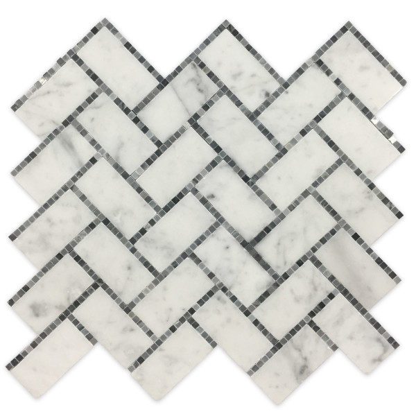 A white and black marble herringbone tile.