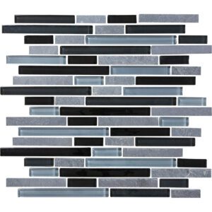 A black and white tile wall with a strip pattern.