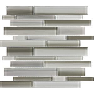 A gray tile wall with strips of glass.