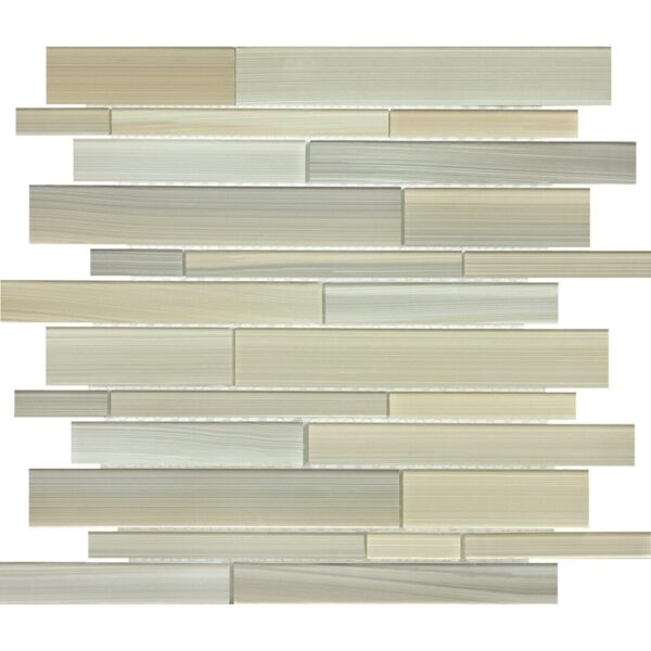 A white and beige tile wall with strips of glass.
