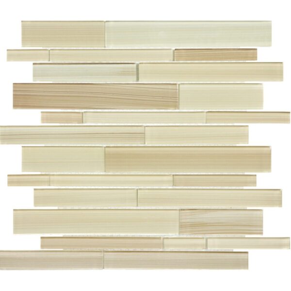 A beige tile wall with strips of glass.