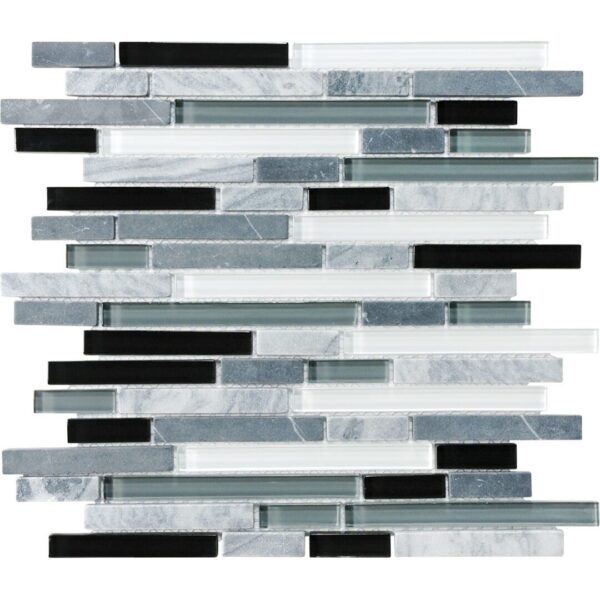 A black and white tile wall with some glass