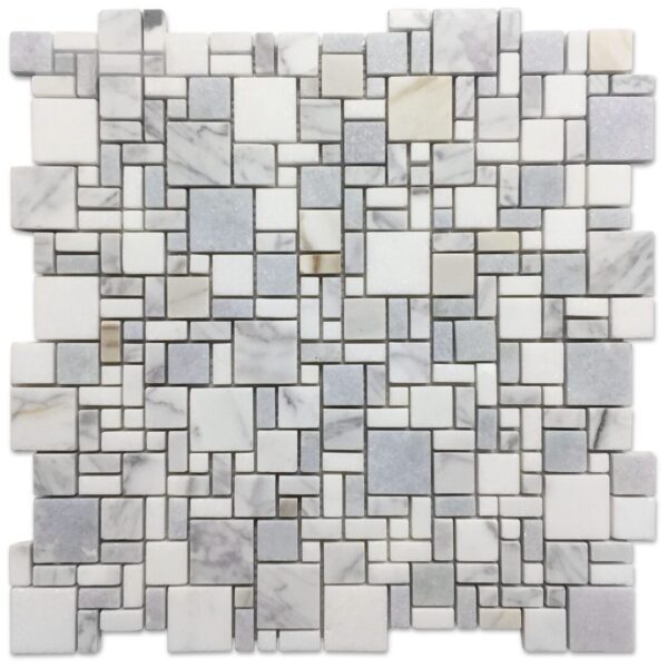 A white and gray QT01 mosaic tile with squares.