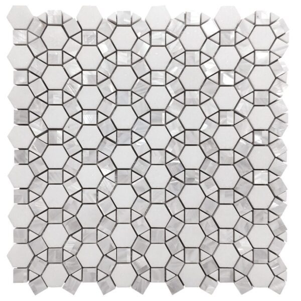 A white QT01 mosaic tile with hexagonal shapes.