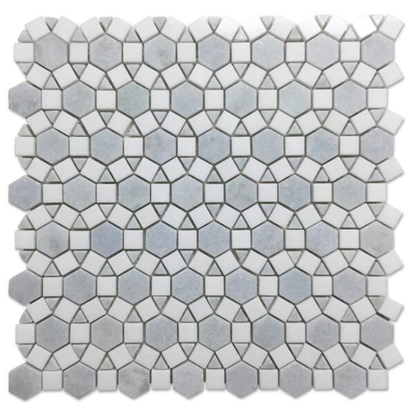 A QT01 mosaic tile with white and gray hexagons.