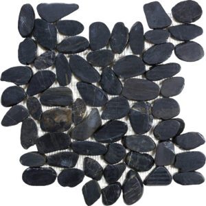 A black stone mosaic tile pattern with small rocks.
