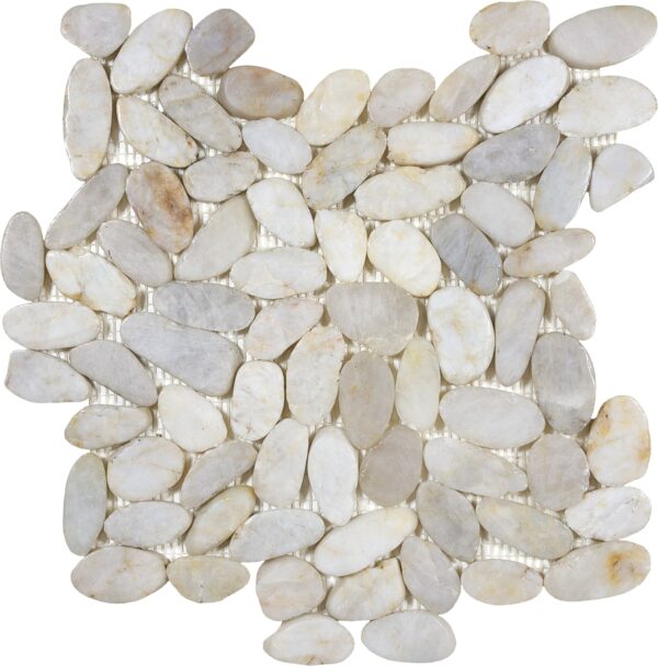 A white pebble tile floor with a large amount of small stones.